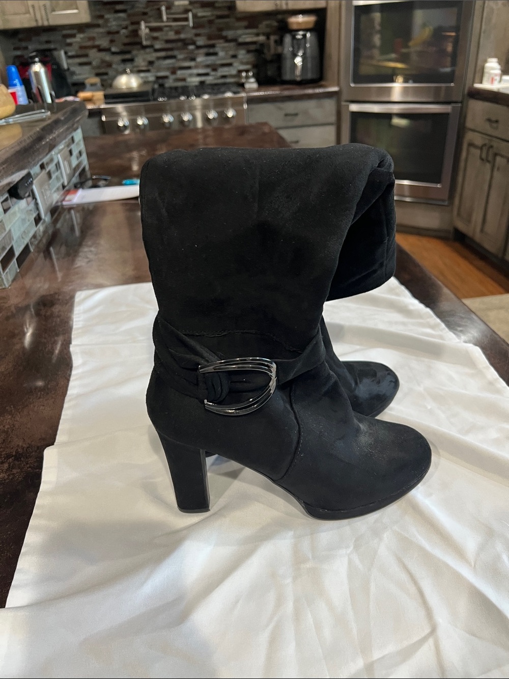 Impo Black Suede Mid-Calf Heeled Boots with Decorative Buckle